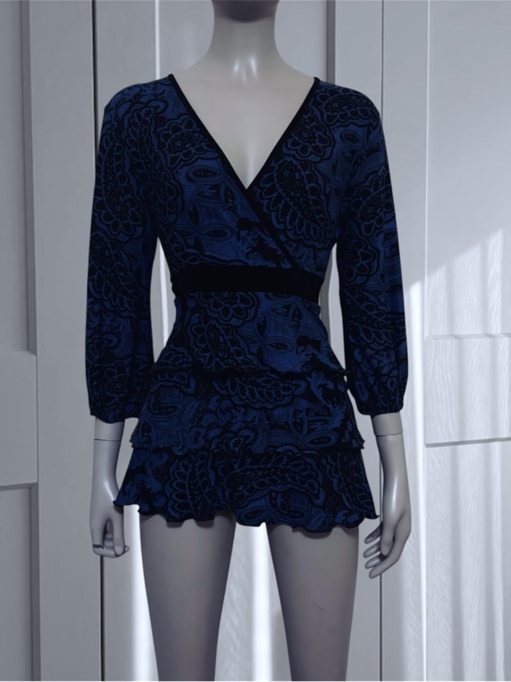 Blue Paisley Ruffle Wrap Top